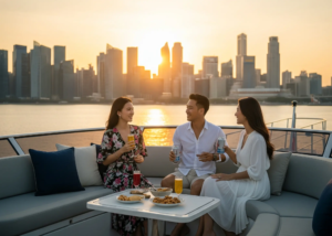 Friends enjoying drinks during a sunset cruise on a luxury yacht charter in Singapore